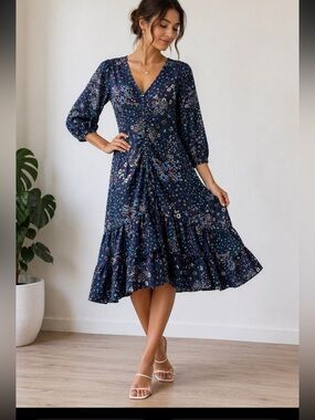 HERS Floral Print blue multi  tiered vneck midi Dress  sz 10 y2k cottage core